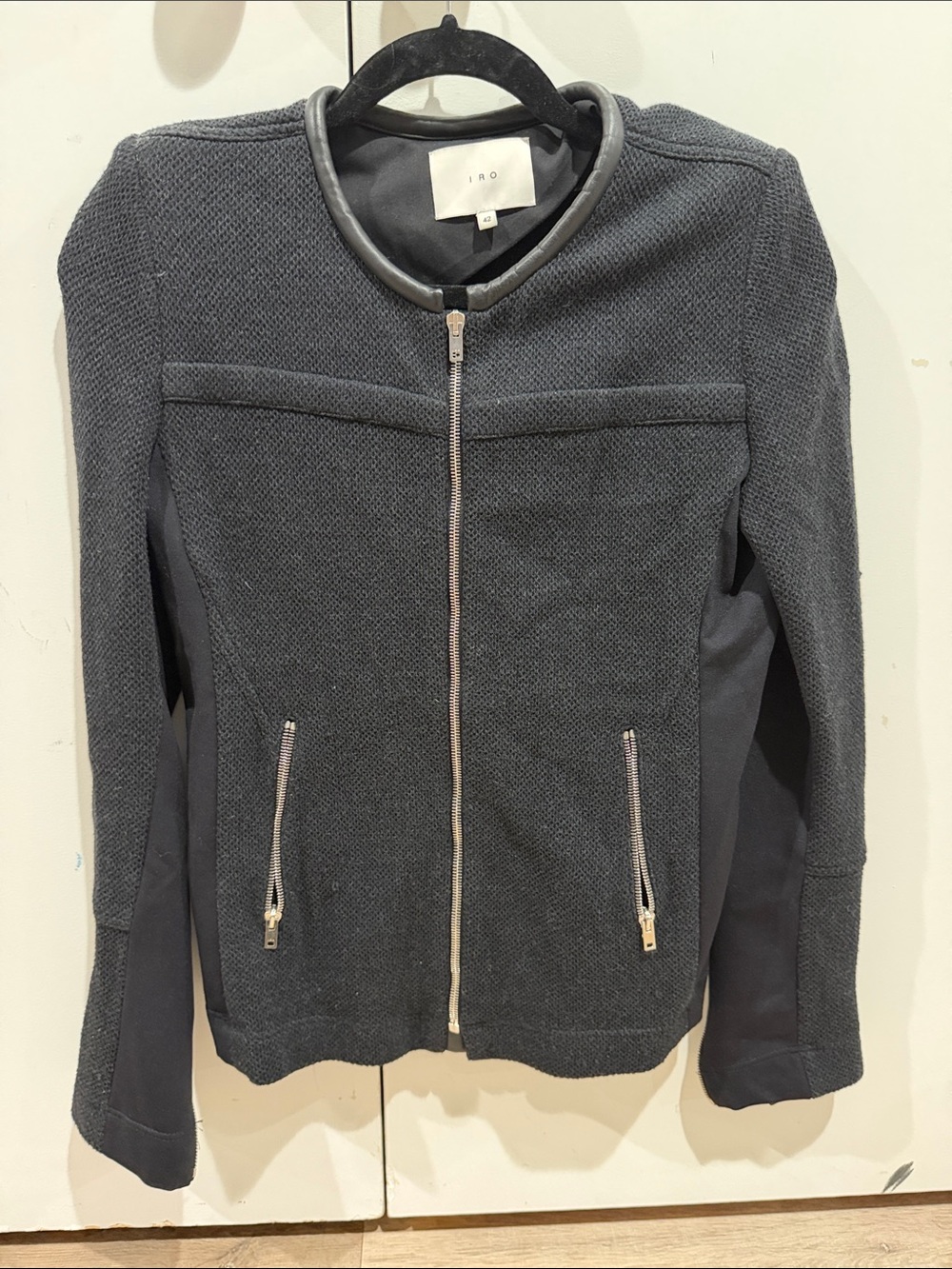 IRO Charcoal Textured Zip-Front Leather-Trim Jacket